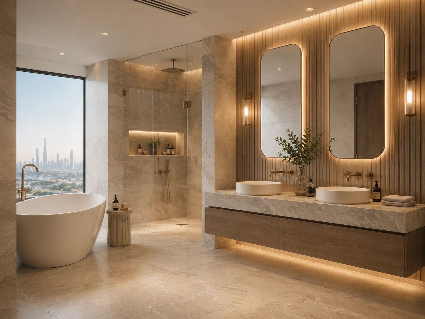 Open shower and marble accents